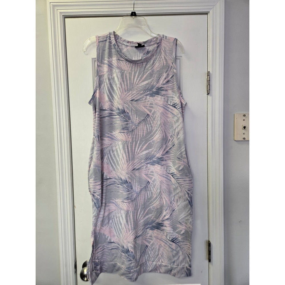 Tahari Sleeveless Tropical‎ Palm Leaf Print Shift Dress Grey Pink Large Pockets